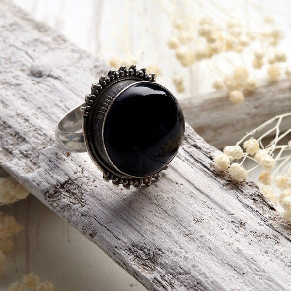 Black onyx Bohemian Ring, Sterling Silver 925, Black Stone Ring, Onyx Gemstone Jewelry, Gypsy Boho Tribal Ring, Victorian Ring, Woman Ring