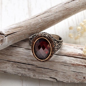 May include: A silver ring with a dark red oval gemstone set in a gold-toned bezel. The ring has a detailed, textured band.