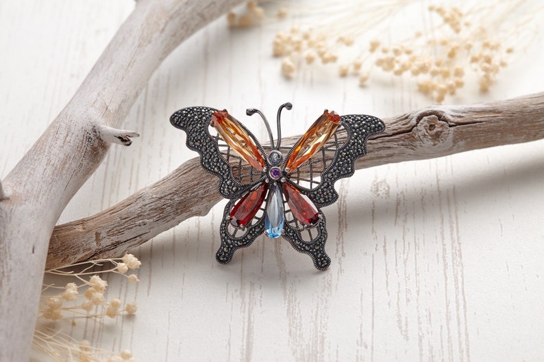 Butterfly silver brooch, insect jewelry, butterfly brooch, bridesmaid gifts, gift for her, Crystal handcrafted brooch, butterfly jewel, CZ image 1