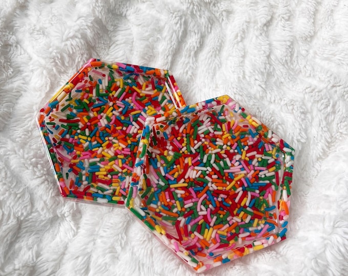 Hexagon rainbow sprinkles catch all coasters - coaster set, jewelry storage, confetti sprinkles, colorful and whimsical unique gifts