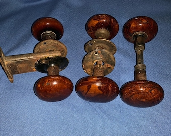 Salvaged Bennington style porcelain doorknob set, Salvaged brown porcelain doorknob with rosettes