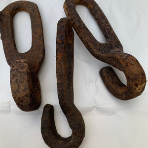 Vintage giant rusty steel hook, salvaged drag link hook