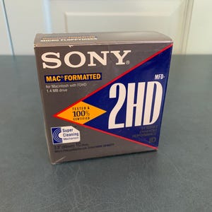 Box of 10 Sony MAC formatted floppy disks, open box of 3.5” unused 1.4 MB micro floppydisk double sided high density