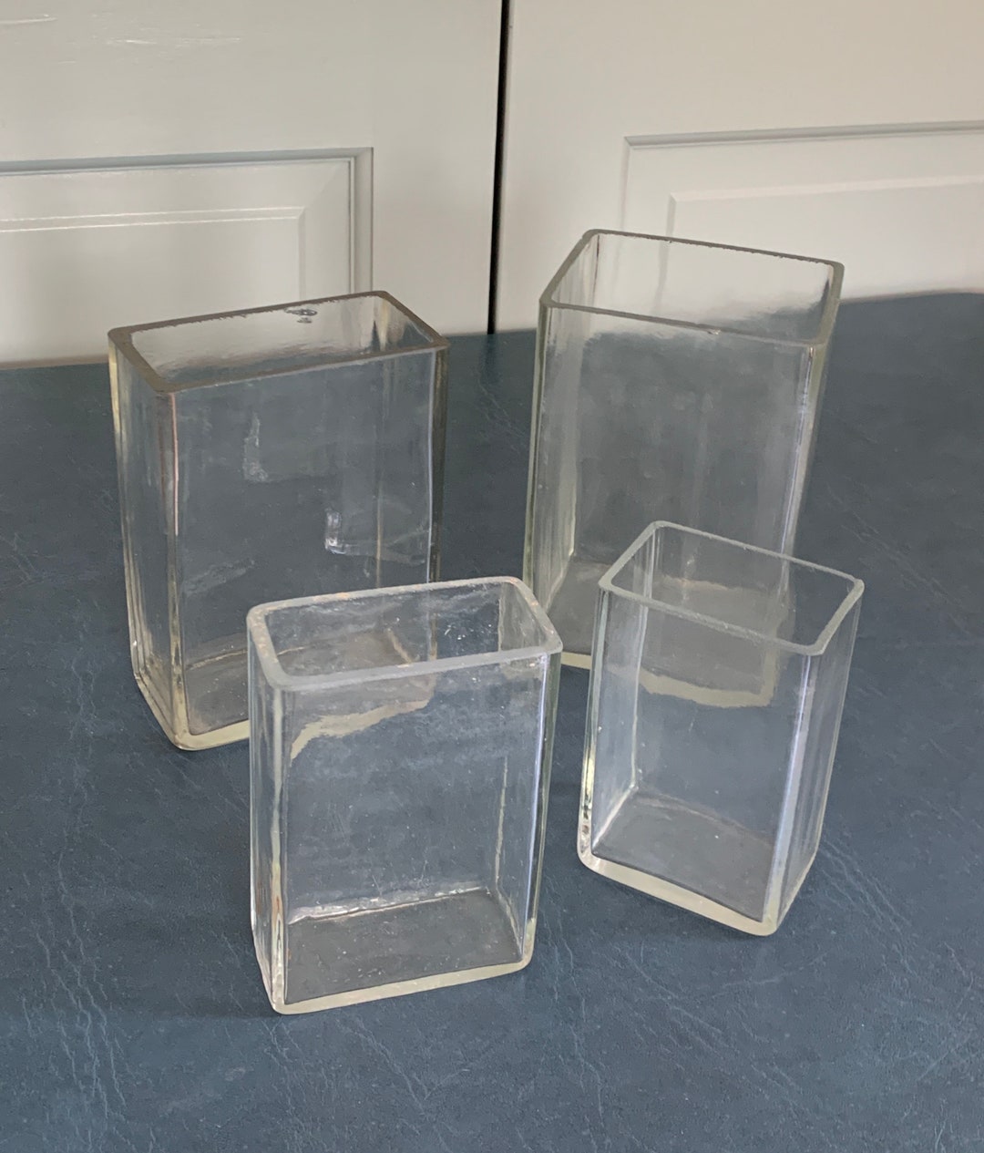 Set of Four Rectangular Clear Glass Vases, Vintage E Leitz Inc New York