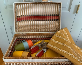 1960’s picnic basket with dishes, vintage rattan picnic suitcase