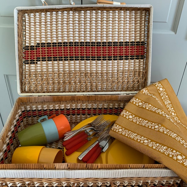 1960’s picnic basket with dishes, vintage rattan picnic suitcase