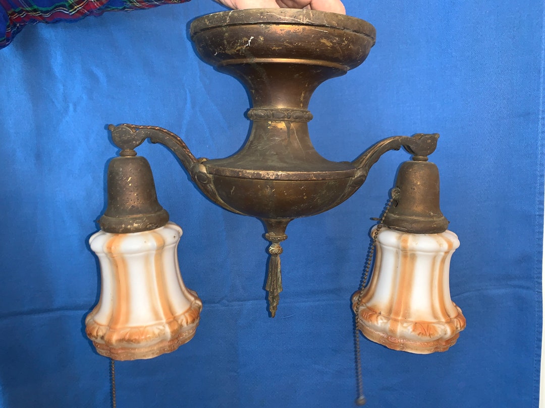 Antique Patinated Brass Double Ceiling Light, Victorian Art Nouveau