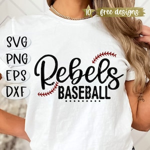 May include: White t-shirt with black text that reads "Rebels Baseball" with a red baseball stitch design. The text is in a cursive font.