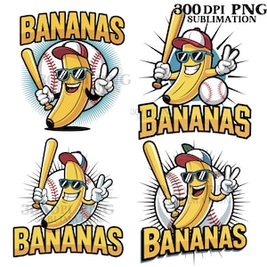 Let&#39;s Go Bananas Baseball PNG Bundle Of Four PNGs DtfSports Team Mascot Funny Banana Playing Baseball Sublimation Digital Download