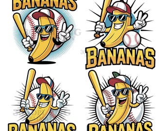 Paquete de cuatro PNG de béisbol "Vamos Bananas". Mascota del equipo DtfSports: plátano divertido jugando al béisbol. Descarga digital por sublimación.