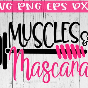 May include: Black and pink graphic design with a barbell and the text "Muscles & Mascara".