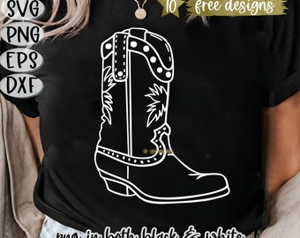 May include: A white outline of a cowboy boot with a decorative design on the shaft. The boot is on a black t-shirt with the text "SVG, PNG, EPS, DXF, 10 free designs, png in both black & white" printed on it.