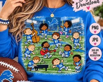 May include: A royal blue sweatshirt featuring a graphic of cartoon characters in blue football uniforms playing musical instruments on a football field. The design includes the text Digital Download, PNG, JPG, and 300 DPI HIGH RESOLUTION.