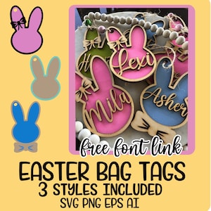 May include: Easter bag tags in three styles, including SVG, PNG, and EPS AI formats. The image shows three bunny-shaped tags in pink, blue, and brown, with a bow detail. Additional tags are shown with names like "Mila" and "Asher".