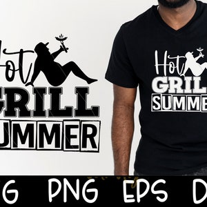 Puede incluir: Dise&ntilde;o gr&aacute;fico en blanco y negro con una persona asando a la parrilla con el texto "Hot Grill Summer". El dise&ntilde;o est&aacute; disponible en los formatos SVG, PNG, EPS y DXF.