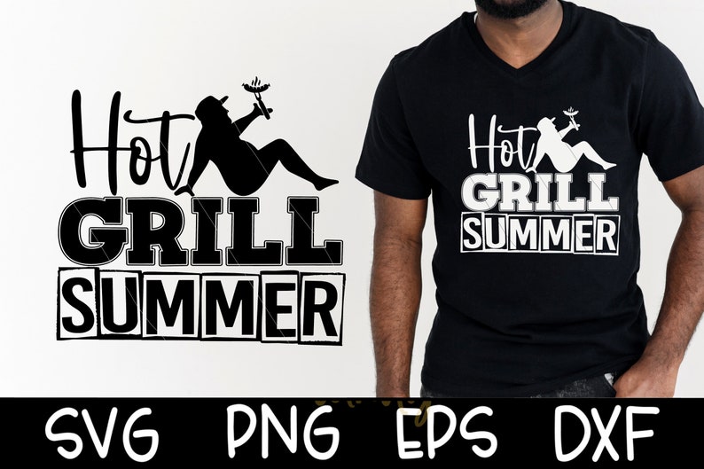 Puede incluir: Dise&ntilde;o gr&aacute;fico en blanco y negro con una persona asando a la parrilla con el texto "Hot Grill Summer". El dise&ntilde;o est&aacute; disponible en los formatos SVG, PNG, EPS y DXF.