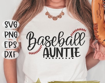 May include: White t-shirt with the text "Baseball Auntie" in black script with a red baseball stitch design. The text "10 free designs" is also visible on the bottom of the shirt.