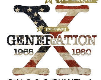 May include: A sublimation design featuring the letter X in the style of the American flag with the text "GENERATION 1965 1980" and "PNG FOR SUBLIMATION".