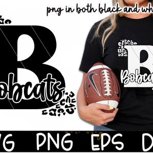 May include: Black and white graphic design featuring the letter "B" with the word "Bobcats" in a stylized font. The design is surrounded by a pattern of small circles.
