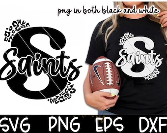 May include: Black and white SVG cut file design of the letter "S" with the word "Saints" written in a script font. The letter "S" is surrounded by a leopard print design.