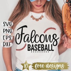 May include: White t-shirt with black text that says "Falcons Baseball" with a red baseball stitch design. The shirt is being worn by a person. The text "10 free designs" is also visible on the shirt.
