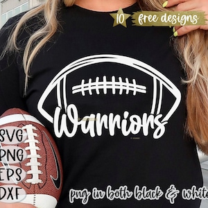 May include: A black t-shirt with a white outline of a football and the word "Warriors" in a white cursive font. The text "10 free designs" and "png in both black & white" are also visible on the shirt.