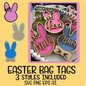 May include: Easter bag tags in three styles. The image shows pink, blue, and brown bunny-shaped tags with bows. Some tags have names like "Mila" and "Lexi" in cursive. The tags are made of wood and are suitable for Easter.