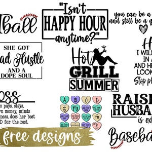 Puede incluir: Una descarga digital de 10 dise&ntilde;os gratuitos con varios gr&aacute;ficos basados en texto. Los dise&ntilde;os incluyen frases como "Softball", "Happy Hour", "Mad Hustle", "Boss", "Hot Grill Summer", "Heifer", "Raising Husbands" y "Baseball".