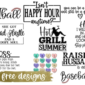 Puede incluir: Una descarga digital de 10 dise&ntilde;os gratuitos con varios gr&aacute;ficos basados en texto. Los dise&ntilde;os incluyen frases como "Softball", "Happy Hour", "Mad Hustle", "Boss", "Hot Grill Summer", "Heifer", "Raising Husbands" y "Baseball".