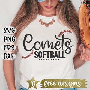 May include: White t-shirt with the text "Comets Softball" in black lettering with a red baseball stitch design. The text is surrounded by a dotted line.