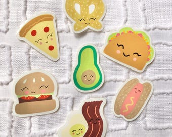 Happy Food Stickers – Pizza, Taco, Avocado, Hamburger, Hot Dog, Pretzel, Bacon and Egg Cute Vinyl Stickers for Water Bottles, Laptops, Phone