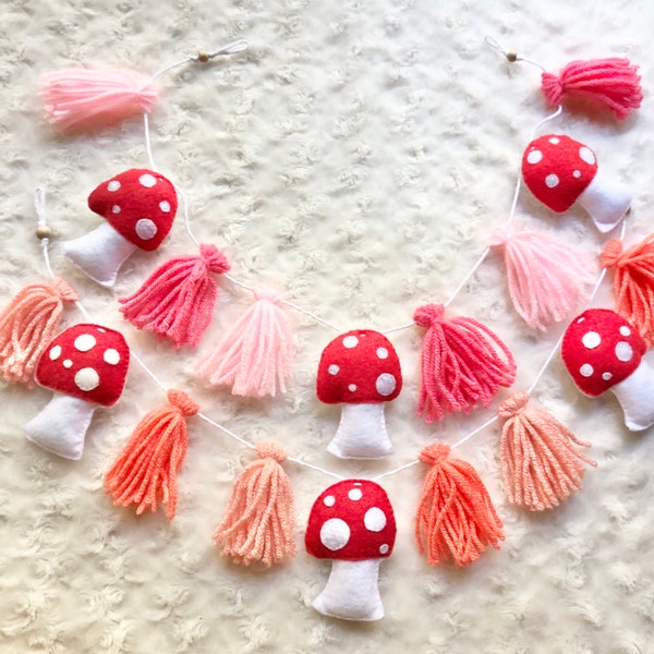 Colorful Woodland Mushroom Felt and Tassel Garland; Retro Forest Decor, Red and White Toadstools