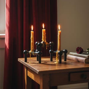 May include: Three black metal candle holders with lit, dripping candles on a wooden table. The candles are yellow and the wax is dripping down the sides. A red rose and books are on the table.