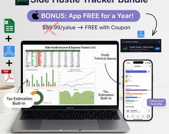 Side Hustle Income and Expense Tracker,Freelancer Budget Spreadsheet Excel, Self Employed Tax Planner 2026, Small Business Digital