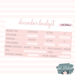 Budgetstickers december 2024, EC-plannerstickers, maandelijkse budgettering voor lage inkomens, onkosten- en inkomstenregistratie