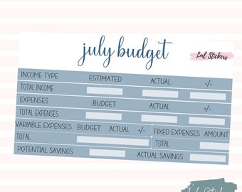 2024 July Budget Stickers, EC Planner Stickers, Monthly Low income Budgeting, Expense and Income Tracking