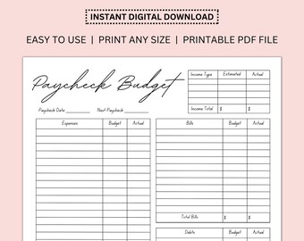 Digital Paycheck Budget | Printable Monthly Finance Budget | Digital Personal Budget | Printable Family Budget | Beginner Friendly Budgeting
