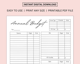 Digital Annual Budget | Printable Yearly Finance Budget | Digital Personal Budget | Printable Family Budget | Beginner Friendly Budgeting