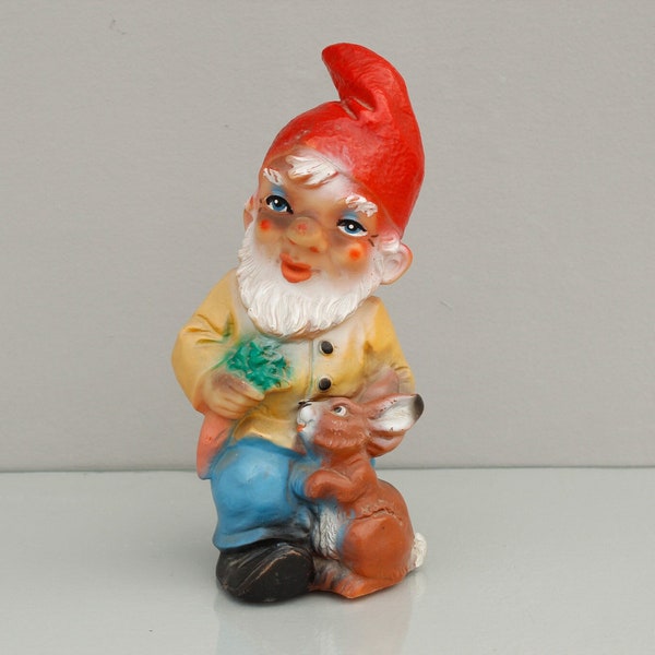 Ancien nain de jardin / gnome de Gustav Liebermann, nain de jardin avec lapin, nains de jardin Liebermann, nains de jardin vintage, milieu du siècle