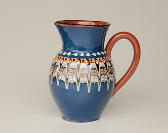 Troyan Bulgarian vintage vase / jug, 60s, redware pottery, colorful glaze