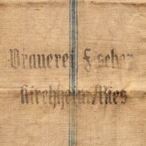zabytkowy worek browarniczy „Brauerei Fischer” Kirchheim/Ries, stary lniany worek, worek zbożowy