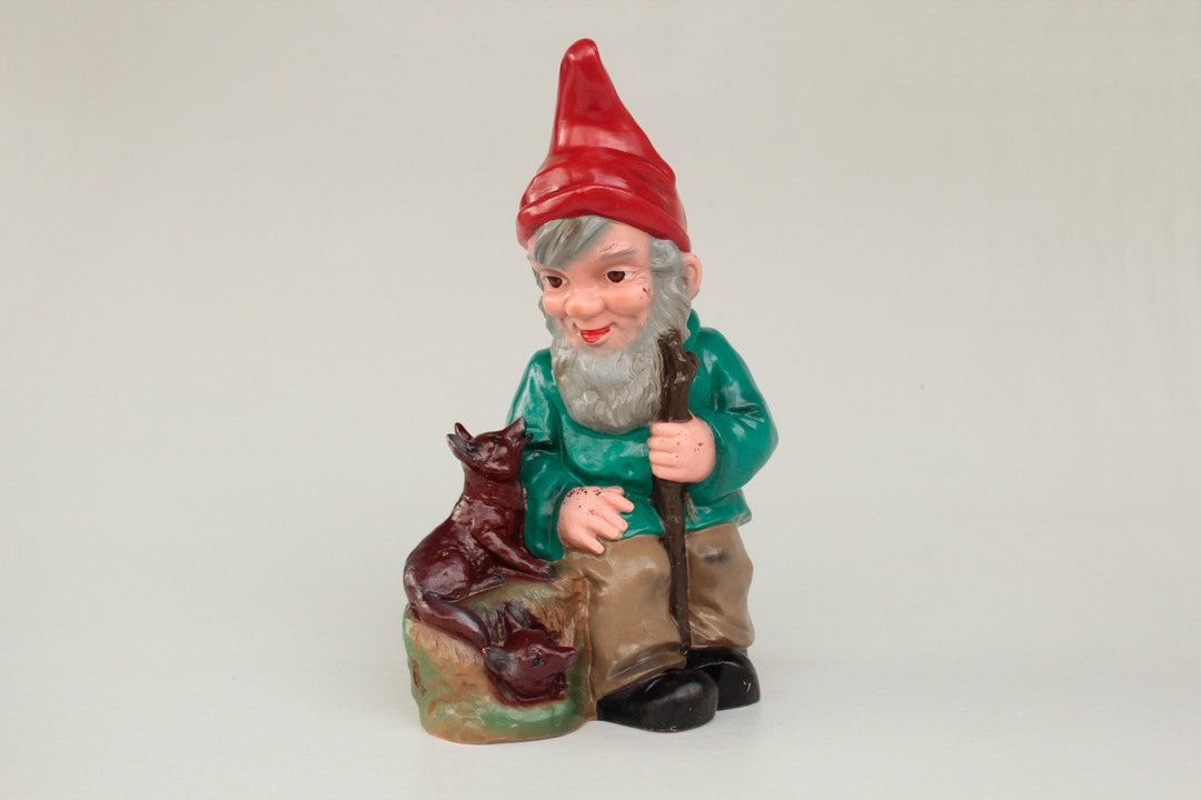 Vintage Heissner Garden Gnome With Fox / Foxes, Gnome 60s, Garden