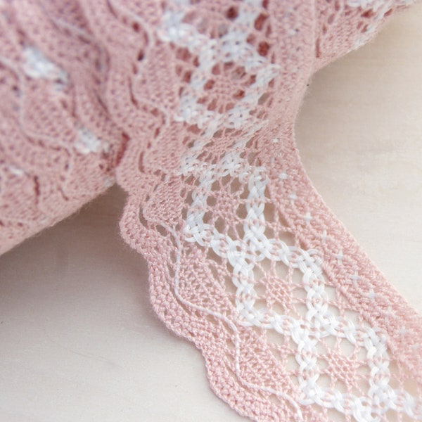 charmante dentelle aux fuseaux vintage rose et blanc, 50 mm, 5 cm, dentelle large, dentelle au crochet, garniture