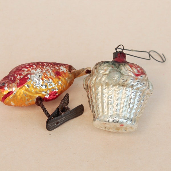 antiker Baumschmuck / Weihnachtsschmuck, Fisch auf Zwicker, Biedermeier Korb, Christbaumschmuck Glas