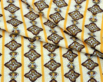 Vintage fabric with ornaments, brown, yellow, beige, fabric, 1960's, cotton fabric, decorative fabric