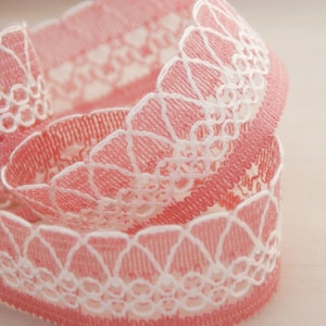 Fascia in pizzo rosa / setola vintage originale, bordo largo, nastro di rifilo, rosa / bianco, 40 mm