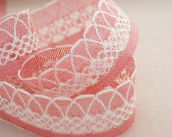 Pink lace band / bristle original vintage, wide border, trim tape, pink / white, 40 mm