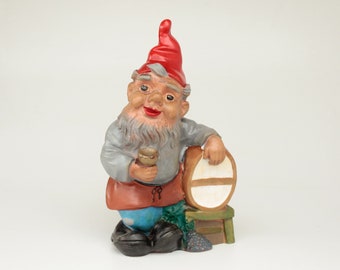 Gnome Heissner vintage « le vigneron », gnome de jardin avec tonneau de vin, gnome