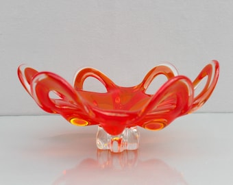 red / orange glass bowl, Murano glass, Josef Hospodka, Glass Gohemia, 1960
