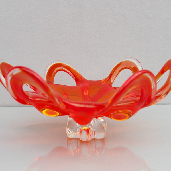 red / orange glass bowl, Murano glass, Josef Hospodka, Glass Gohemia, 1960